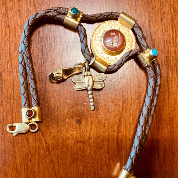 Brown rope & gold tone real silver bracelet with semi-precious stones dragonfly - Picture 3 of 11
